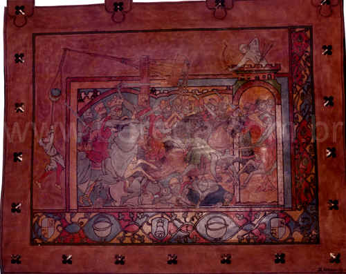 Cena de Guerra Medieval em pirogravura, pintura e tachas - 1976