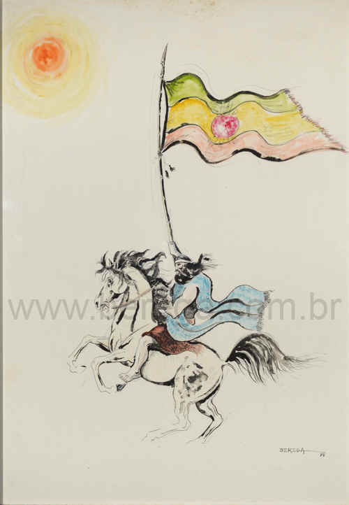 Gaucho antigo em Gouache com cavalo e bandeira - 1978
