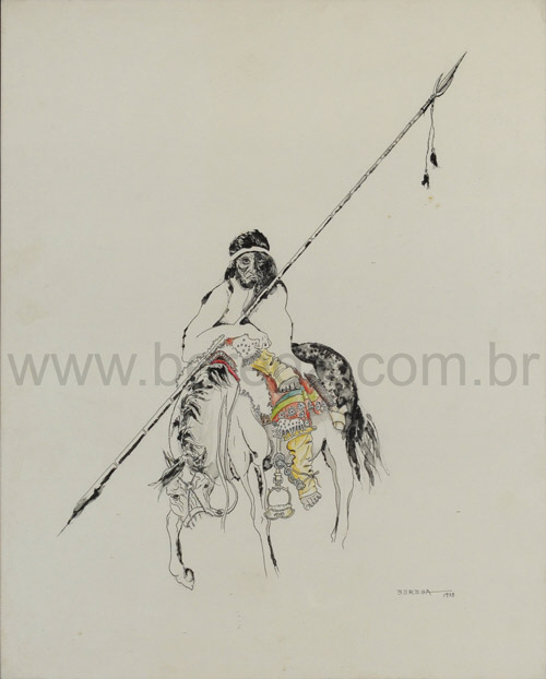 Indio Charrua com cavalo e lança em gouache - 1978